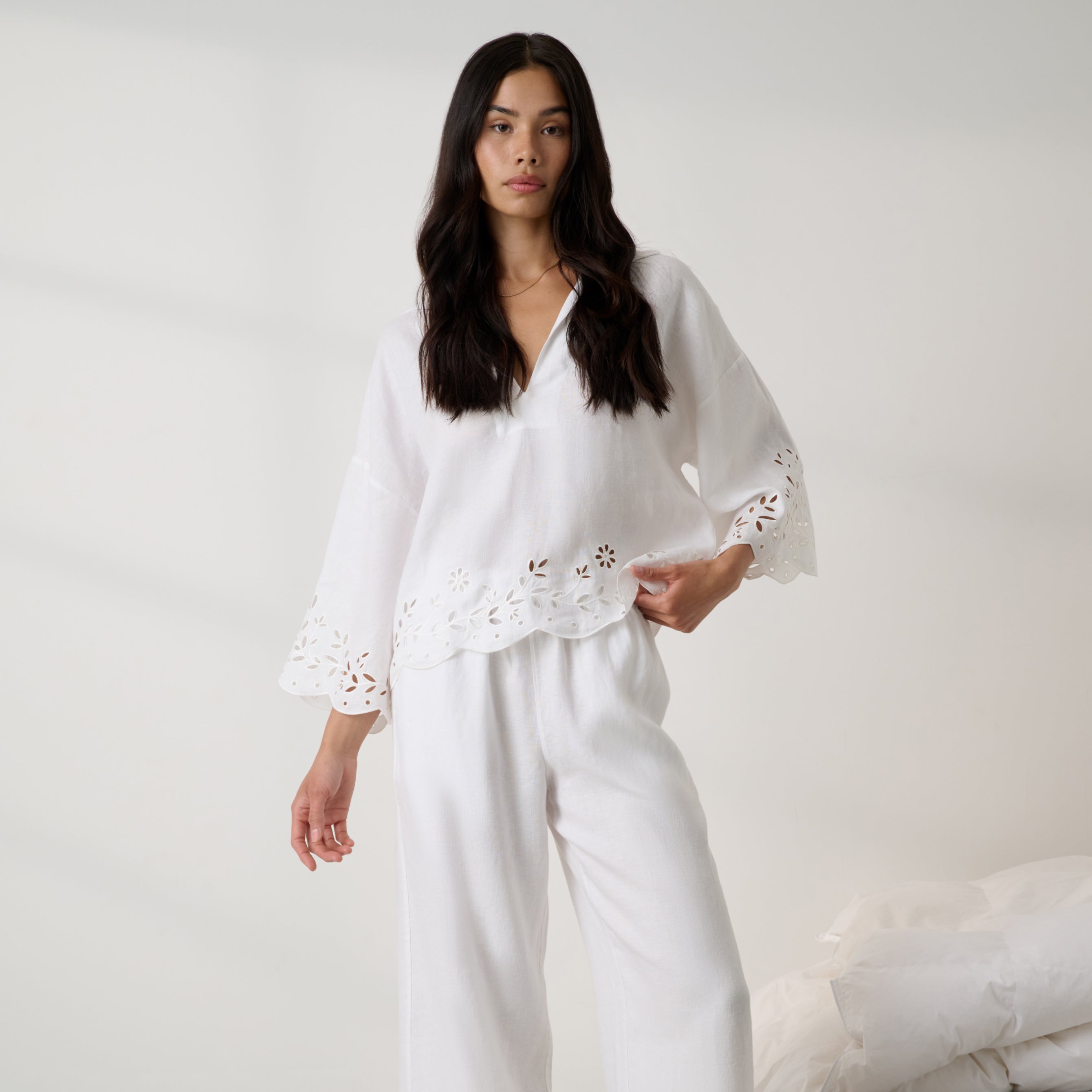 Lunya Pajamas - Linen EMBROIDERED EYELET SHIRT - #Sincere White
