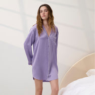 Lunya Pajamas - WASHABLE SILK PIPED SLEEP SHIRT DRESS #Morning Wisteria/Tranquil White