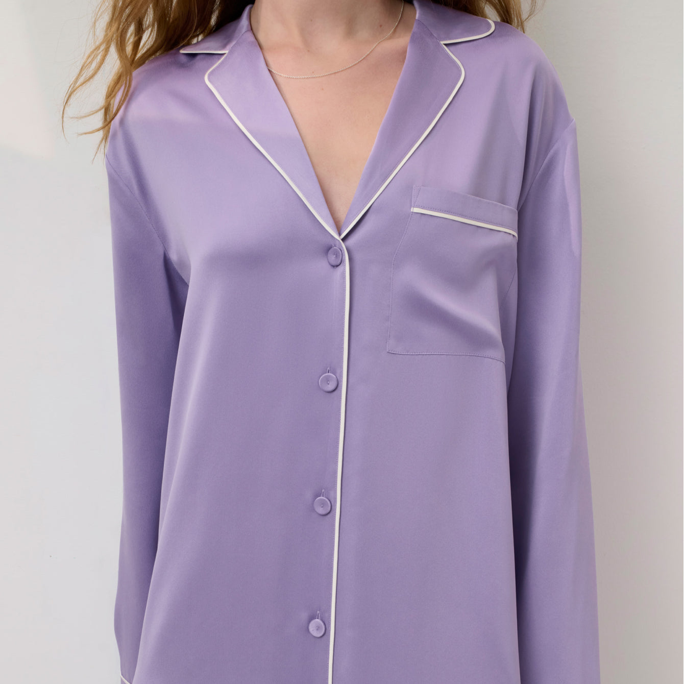 Lunya Pajamas - WASHABLE SILK PIPED SLEEP SHIRT DRESS #Morning Wisteria/Tranquil White