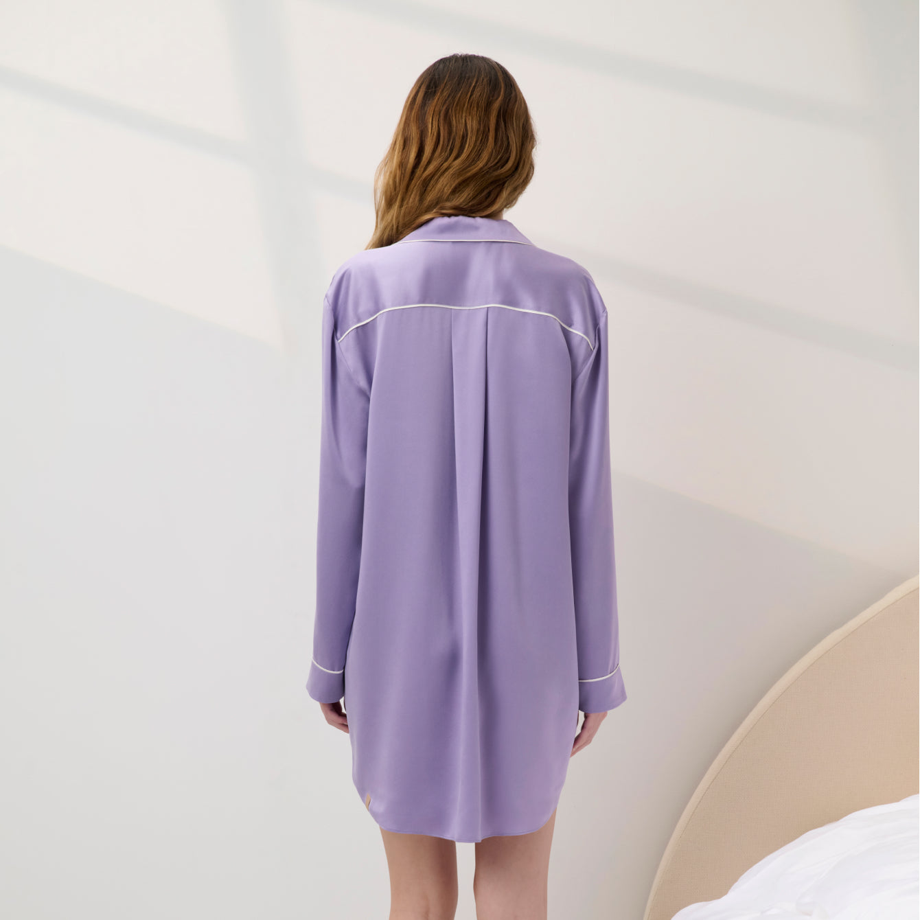 Lunya Pajamas - WASHABLE SILK PIPED SLEEP SHIRT DRESS #Morning Wisteria/Tranquil White
