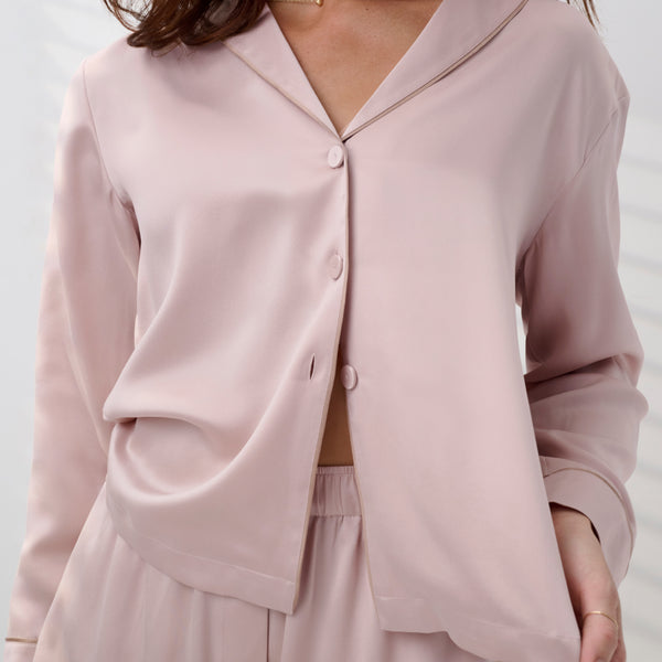 Washable Silk Piped Button Up Long Sleeve Short Set
