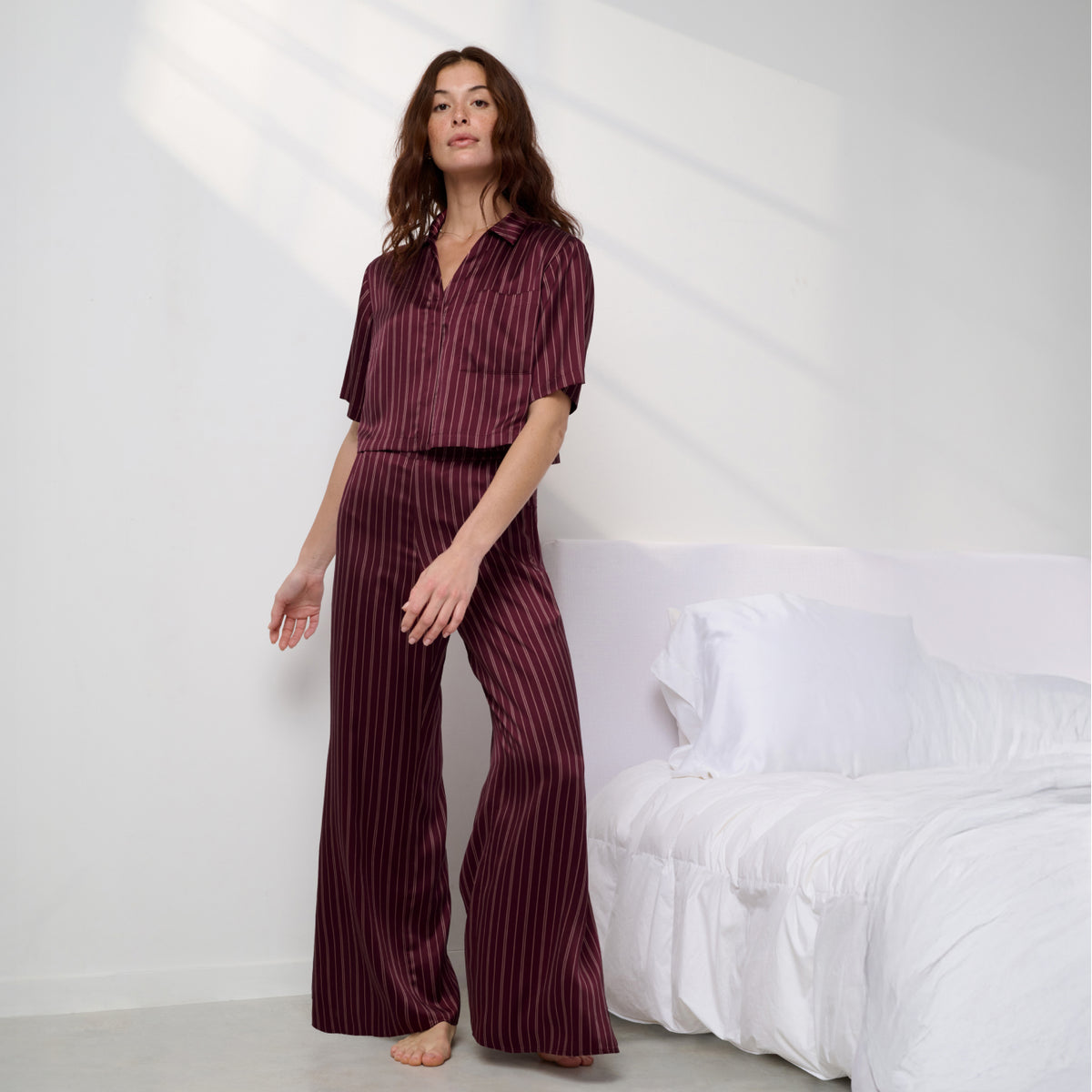 Lunya Pajamas Washable Silk High Rise Pant Set - #Currant Veil Stripe