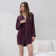 Lunya Pajamas Washable Silk Piped Sleep Shirt Dress - #Vintage Merlot/Frosted Lagoon