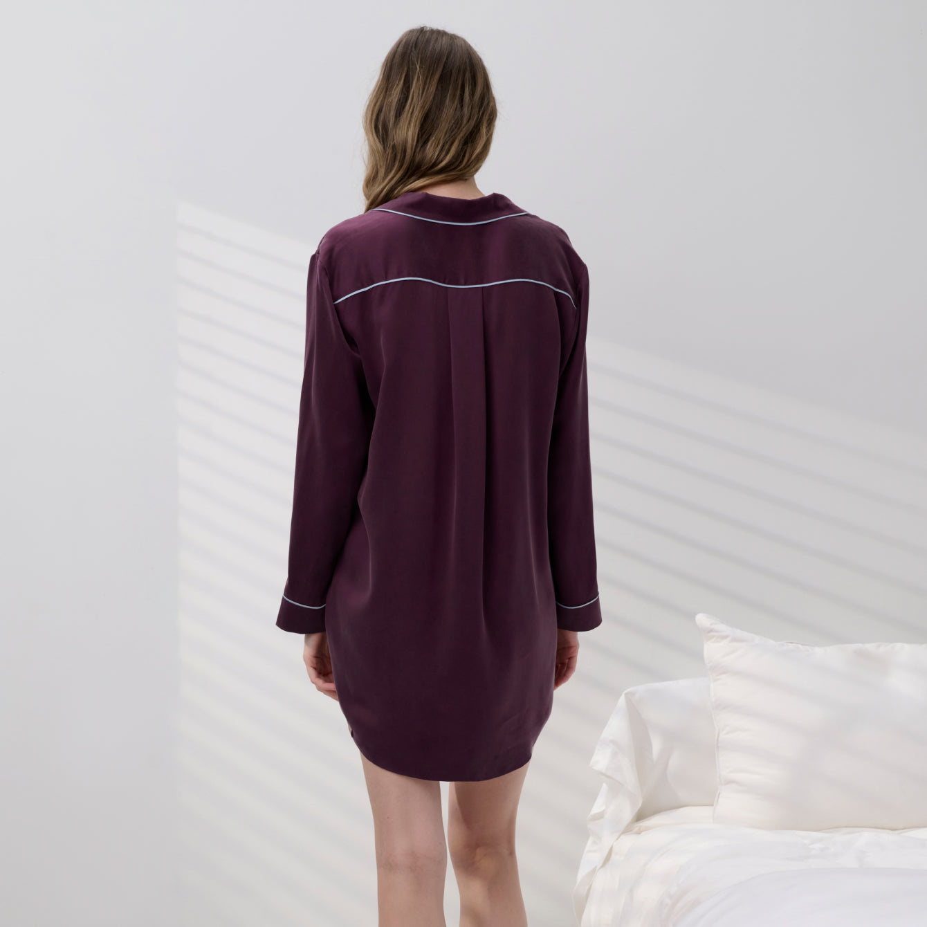 Lunya Pajamas Washable Silk Piped Sleep Shirt Dress - #Vintage Merlot/Frosted Lagoon