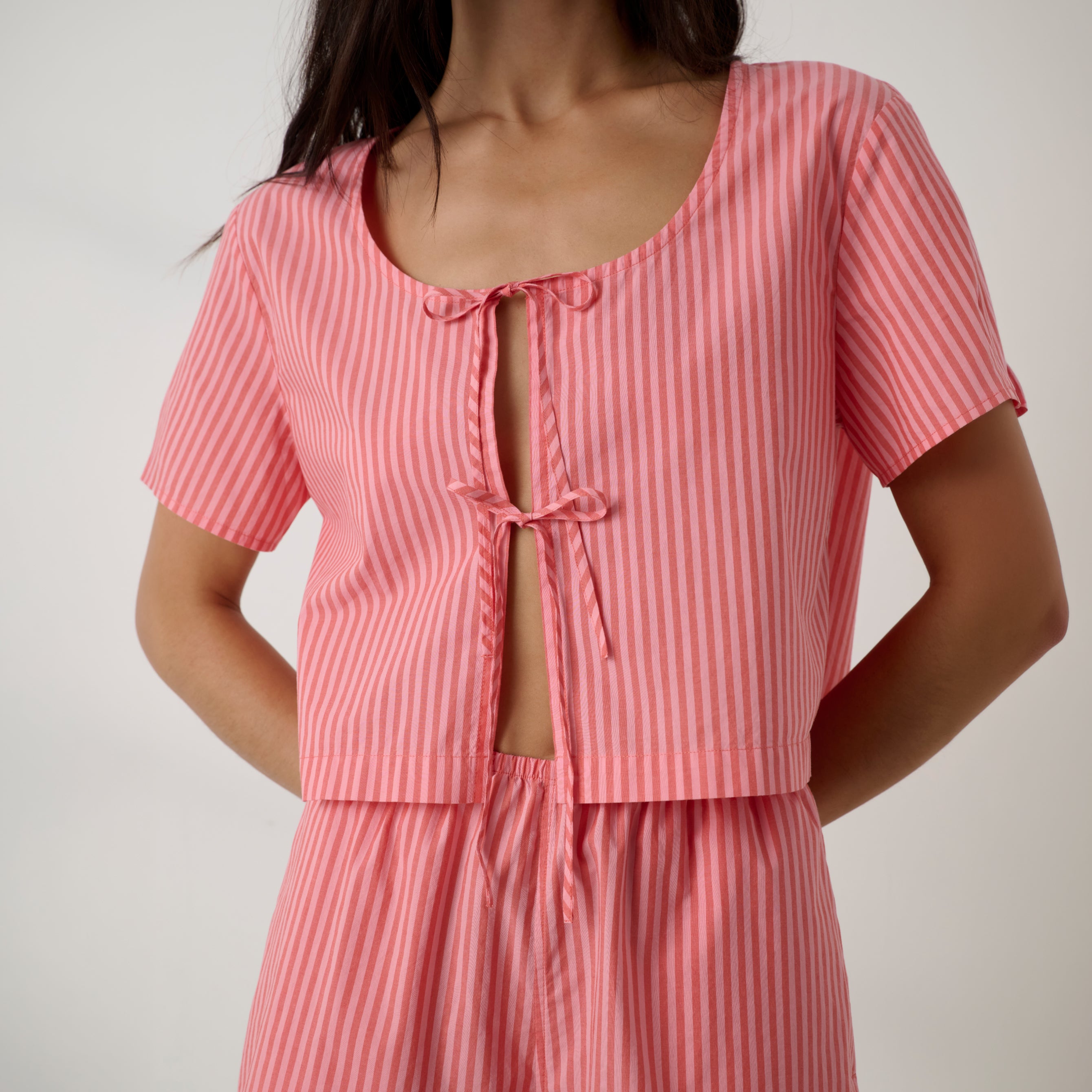 Lunya Pajamas - Airy Cotton Tie Front Top #Sunset Stripe
