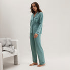 Lunya Pajamas Slumberknit™ Shawl Collar Button Down Pant Set - #Musing Moss/Nocturnal Slate