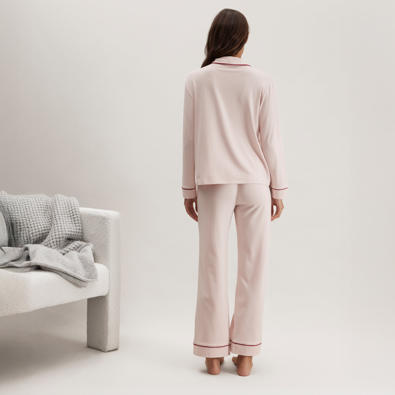 Lunya Pajamas Slumberknit™ Shawl Collar Button Down Pant Set - #Delicate Pink/Pomegranate Jewel