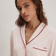 Lunya Pajamas Slumberknit™ Shawl Collar Button Down Pant Set - #Delicate Pink/Pomegranate Jewel