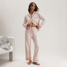 Lunya Pajamas Slumberknit™ Shawl Collar Button Down Pant Set - #Delicate Pink/Pomegranate Jewel