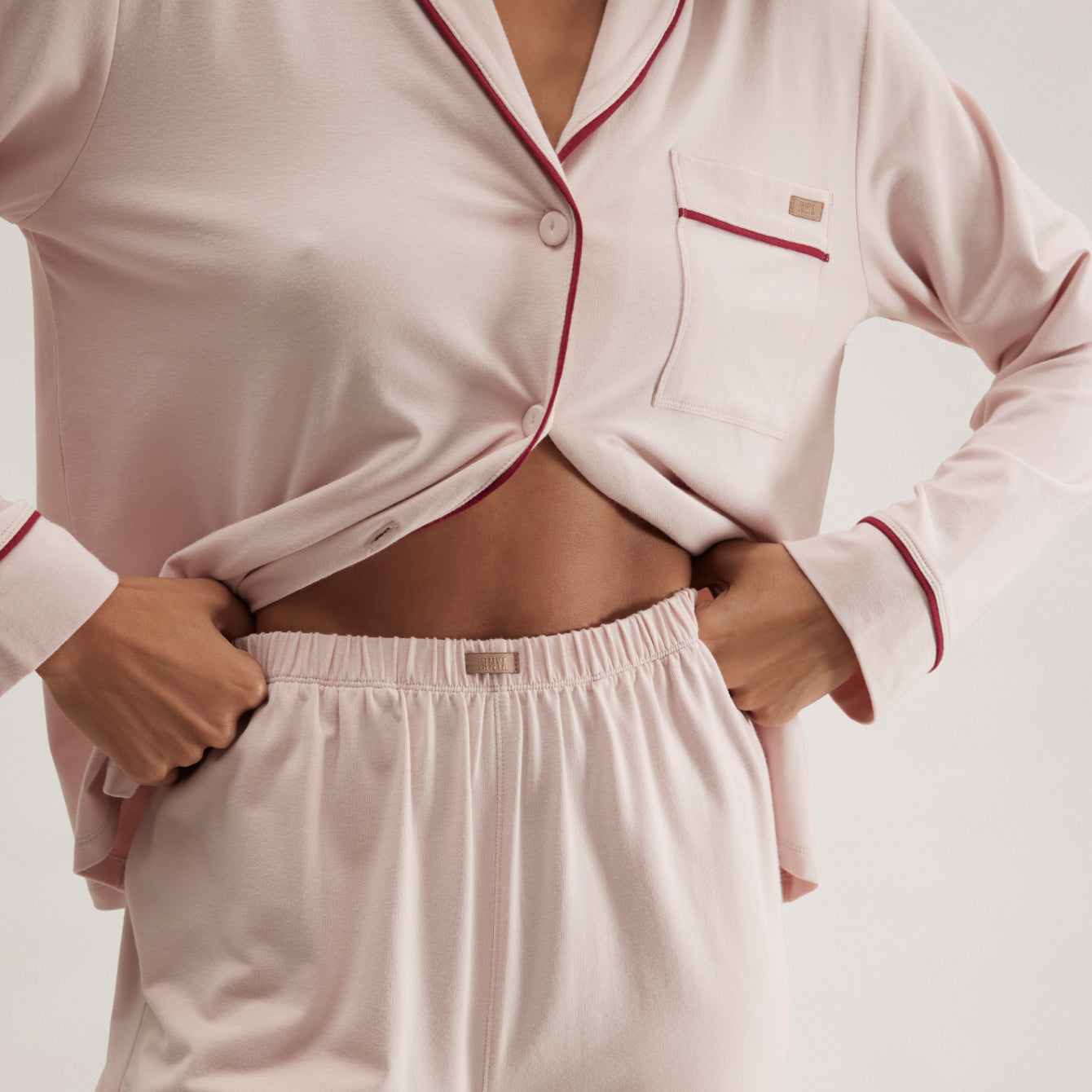 Lunya Pajamas Slumberknit™ Shawl Collar Button Down Pant Set - #Delicate Pink/Pomegranate Jewel