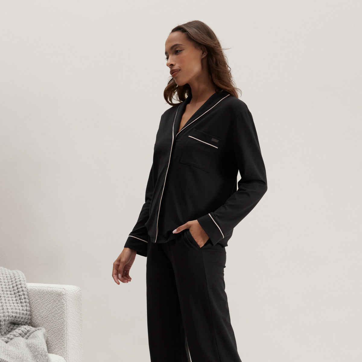 Lunya Pajamas Slumberknit™ Shawl Collar Button Down Pant Set - #Immersed Black/Delicate Pink