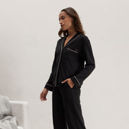 Lunya Pajamas Slumberknit™ Shawl Collar Button Down Pant Set - #Immersed Black/Delicate Pink