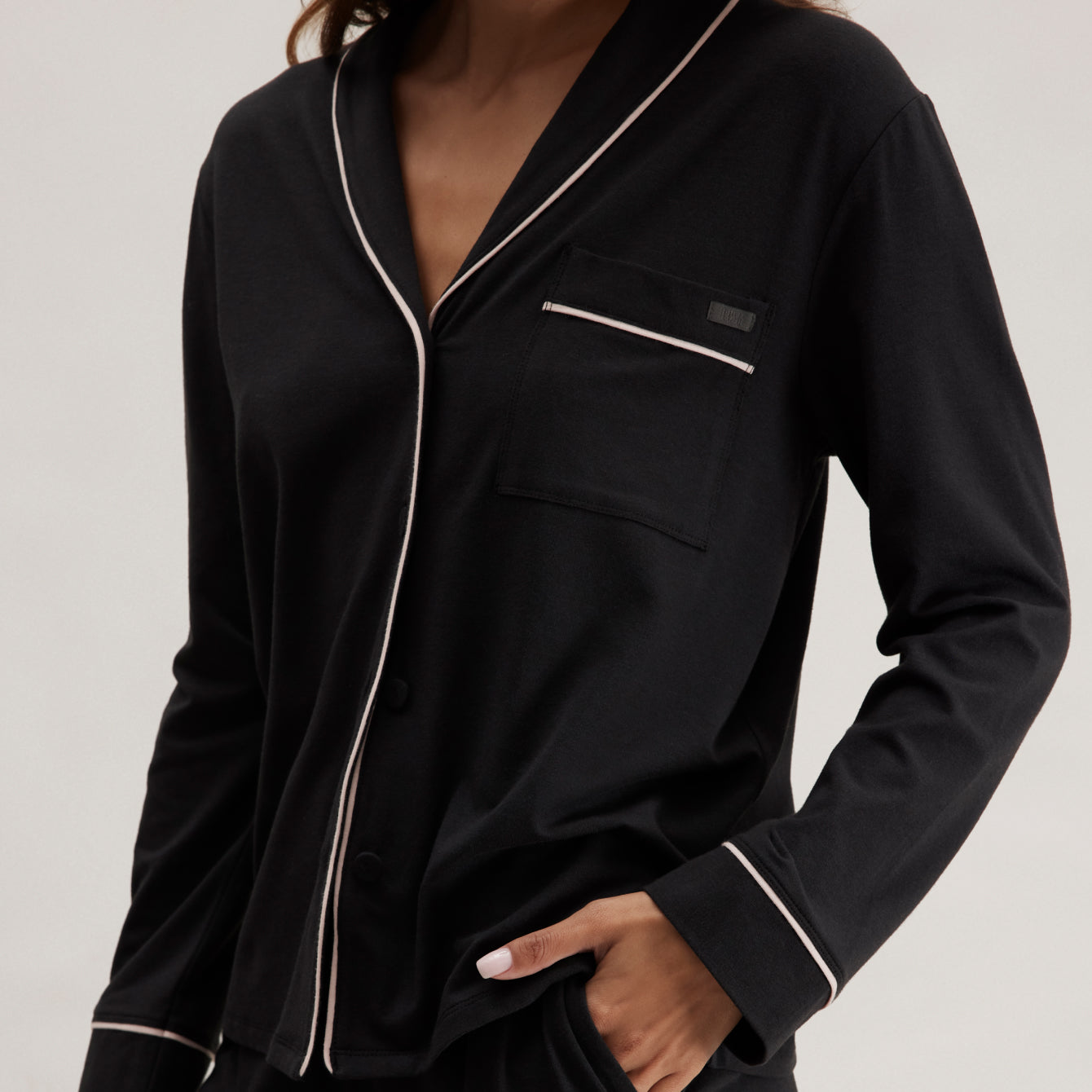 Lunya Pajamas Slumberknit™ Shawl Collar Button Down Pant Set - #Immersed Black/Delicate Pink