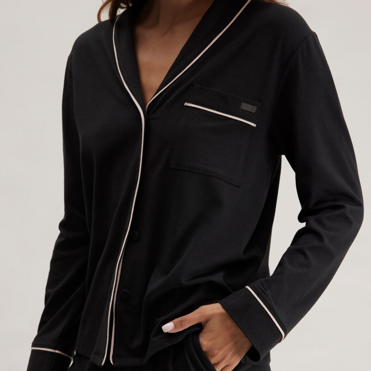 Lunya Pajamas Slumberknit™ Shawl Collar Button Down Pant Set - #Immersed Black/Delicate Pink