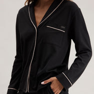 Lunya Pajamas Slumberknit™ Shawl Collar Button Down Pant Set - #Immersed Black/Delicate Pink