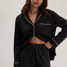 Lunya Pajamas Slumberknit™ Shawl Collar Button Down Pant Set - #Immersed Black/Delicate Pink
