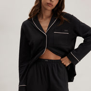 Lunya Pajamas Slumberknit™ Shawl Collar Button Down Pant Set - #Immersed Black/Delicate Pink