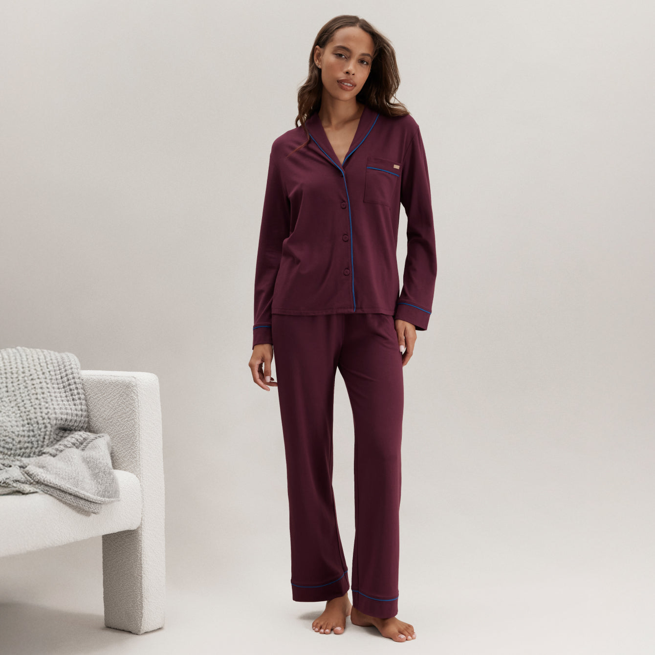 Lunya Pajamas Slumberknit™ Shawl Collar Button Down Pant Set - #Calliope Wine/Royal Lagoon
