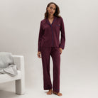 Lunya Pajamas Slumberknit™ Shawl Collar Button Down Pant Set - #Calliope Wine/Royal Lagoon