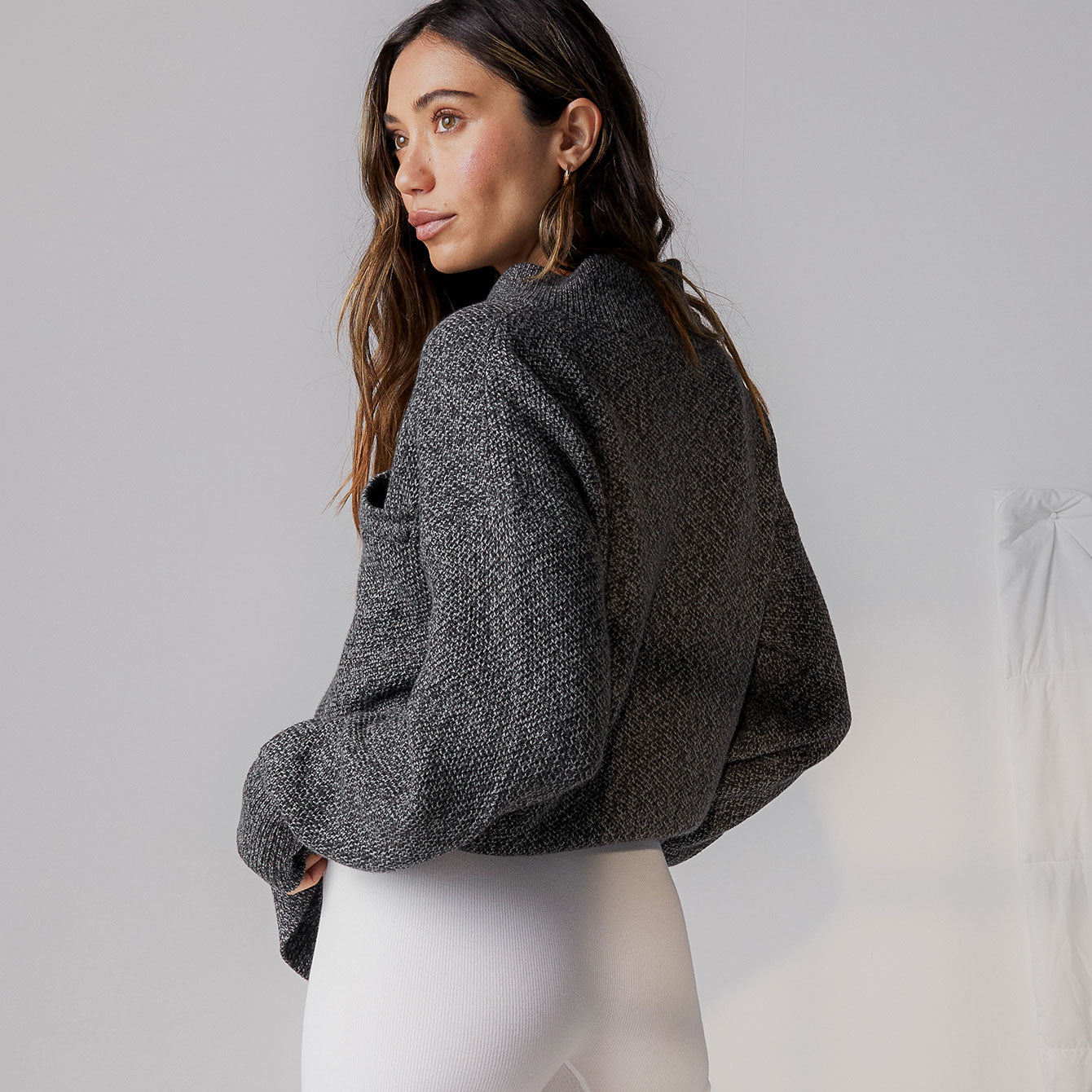 Lunya Cozy Cotton Silk Pullover Sweater Plaid Grid Black Grey Size Medium