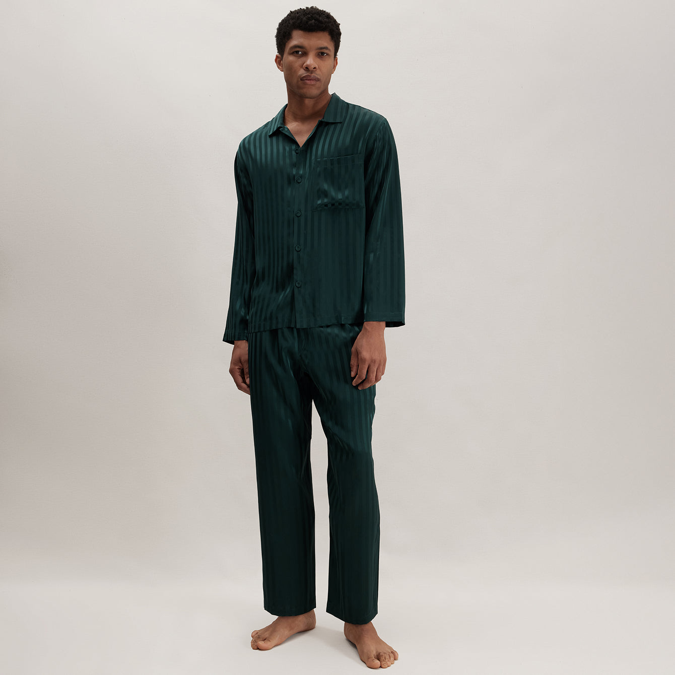 Lunya Pajamas Men's Washable Silk Striped Jacquard Button Up Set - #Dusky Cypress Jacquard