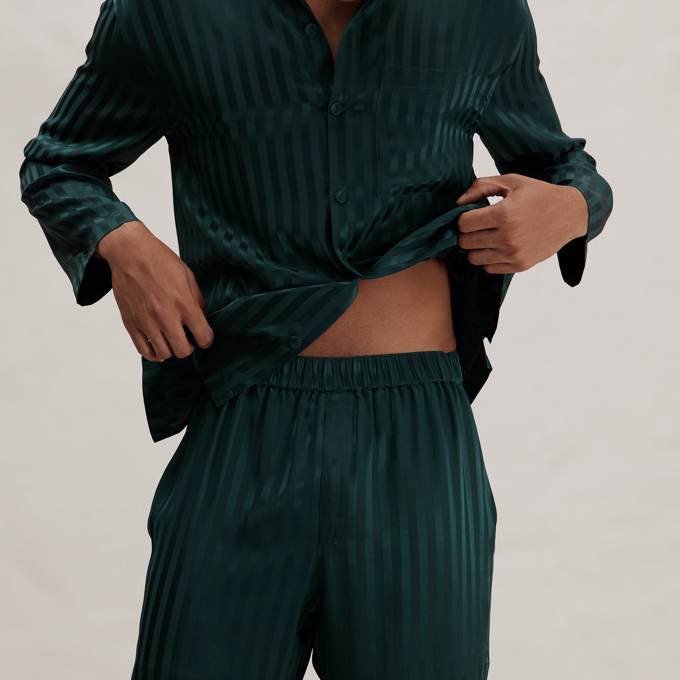 Lunya Pajamas Men's Washable Silk Striped Jacquard Button Up Set - #Dusky Cypress Jacquard