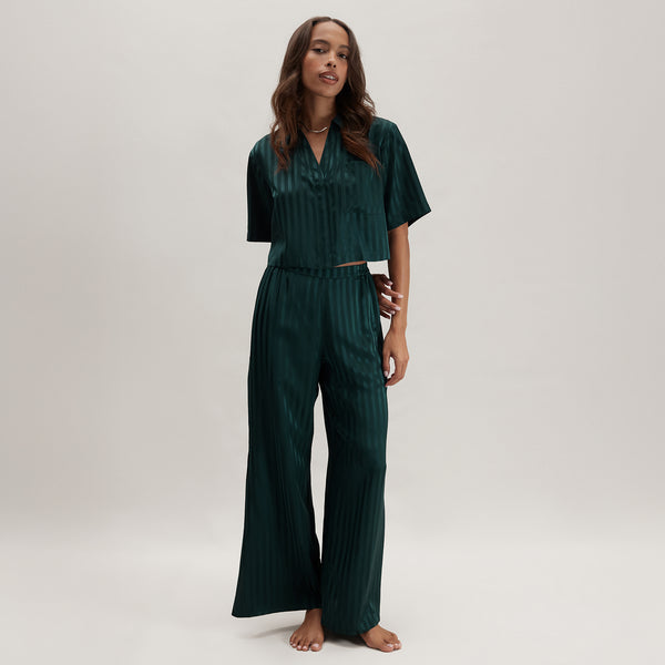 Waschbares High-Rise-Hosenset aus gestreiftem Seidenjacquard