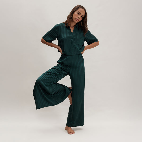 Waschbares High-Rise-Hosenset aus gestreiftem Seidenjacquard