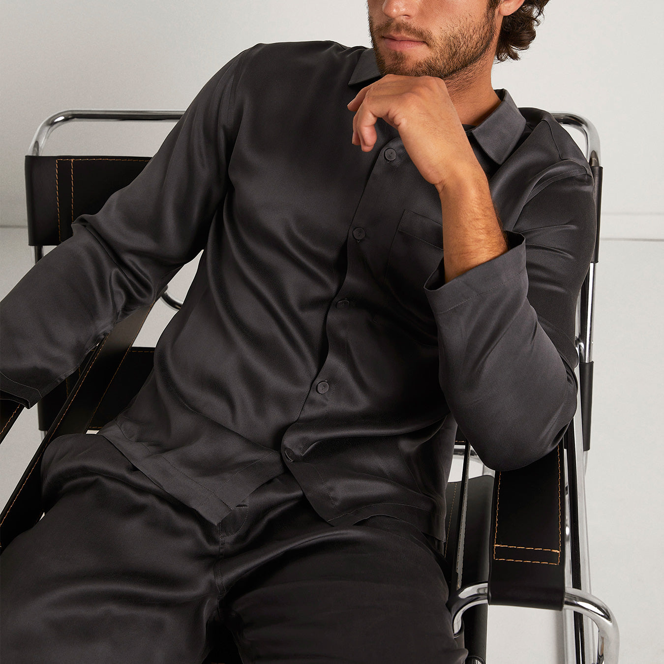 Lunya Men's Washable Silk Button Up Set- #Meditative Grey
