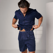 Men's Washable Silk Button Up Short Set - #Deep Blue
