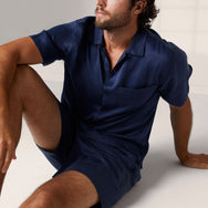 Men's Washable Silk Button Up Short Set - #Deep Blue