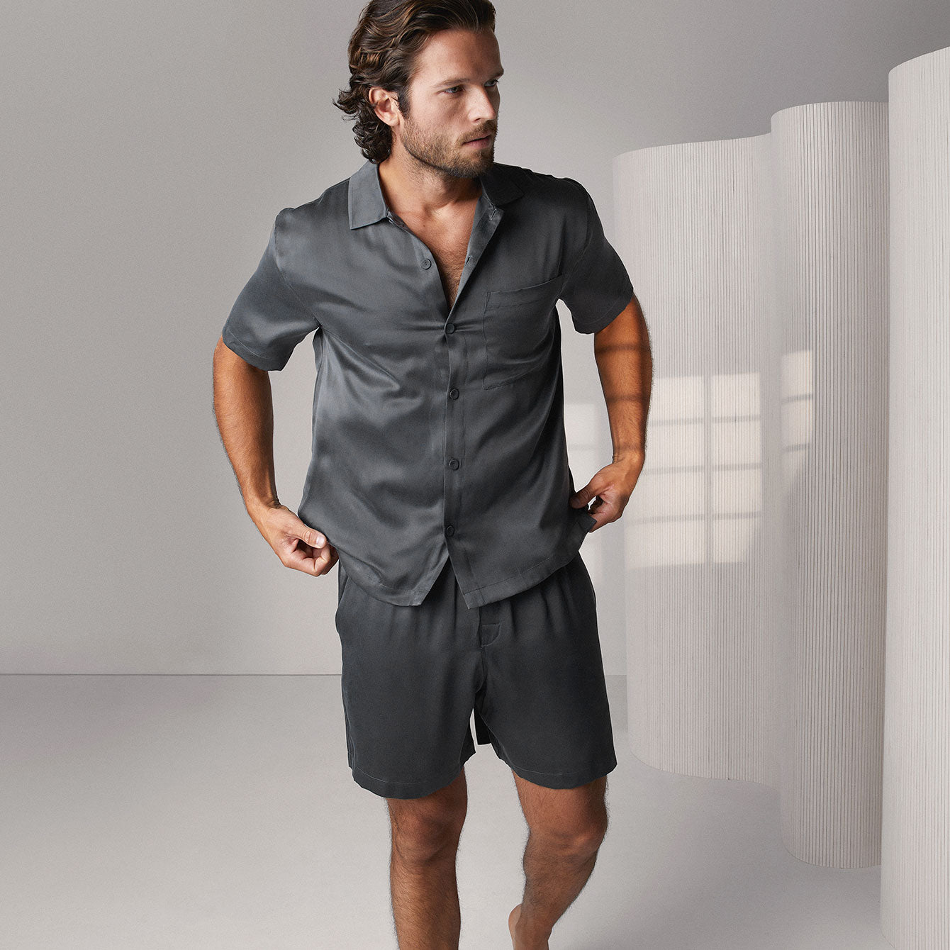 Men's Washable Silk Button Up Short Set - Meditative Grey / S