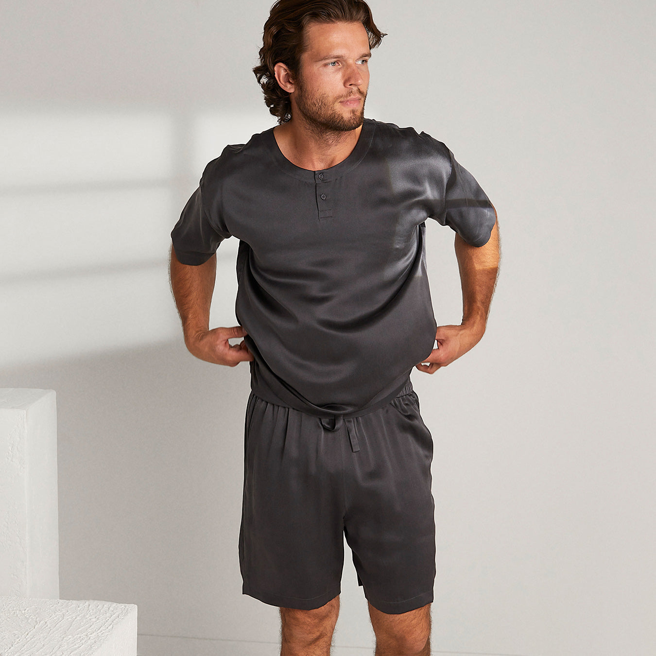 Men's Washable Silk Short Set - Meditative Grey / S