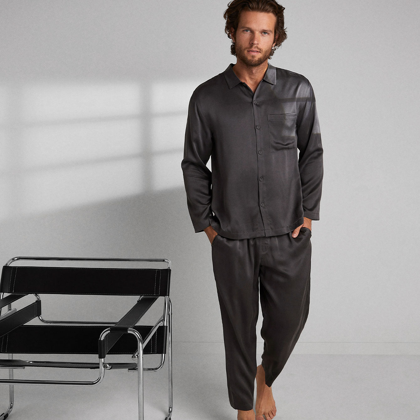 Lunya Men's Washable Silk Button Up Set- #Meditative Grey