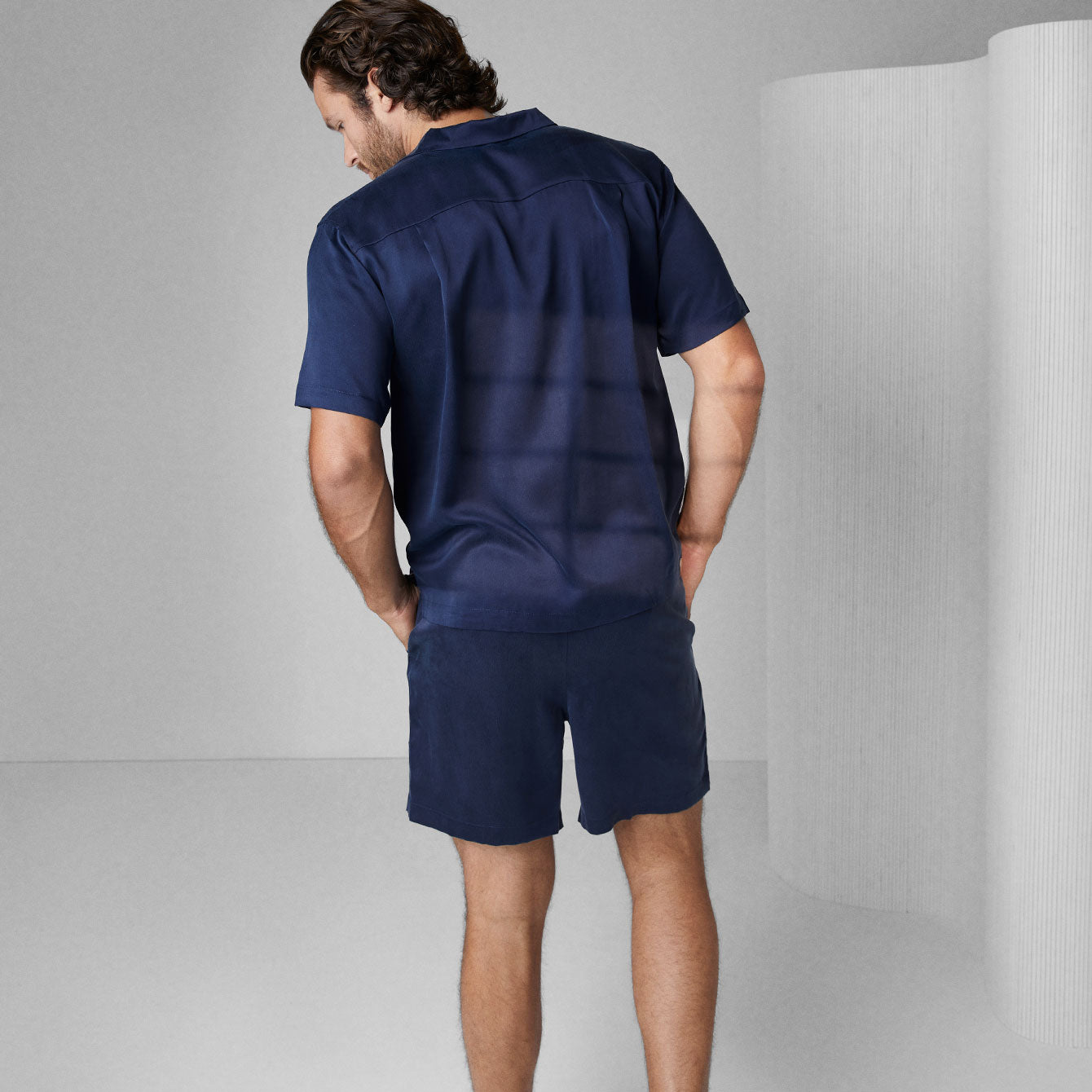 Men's Washable Silk Button Up Short Set - #Deep Blue