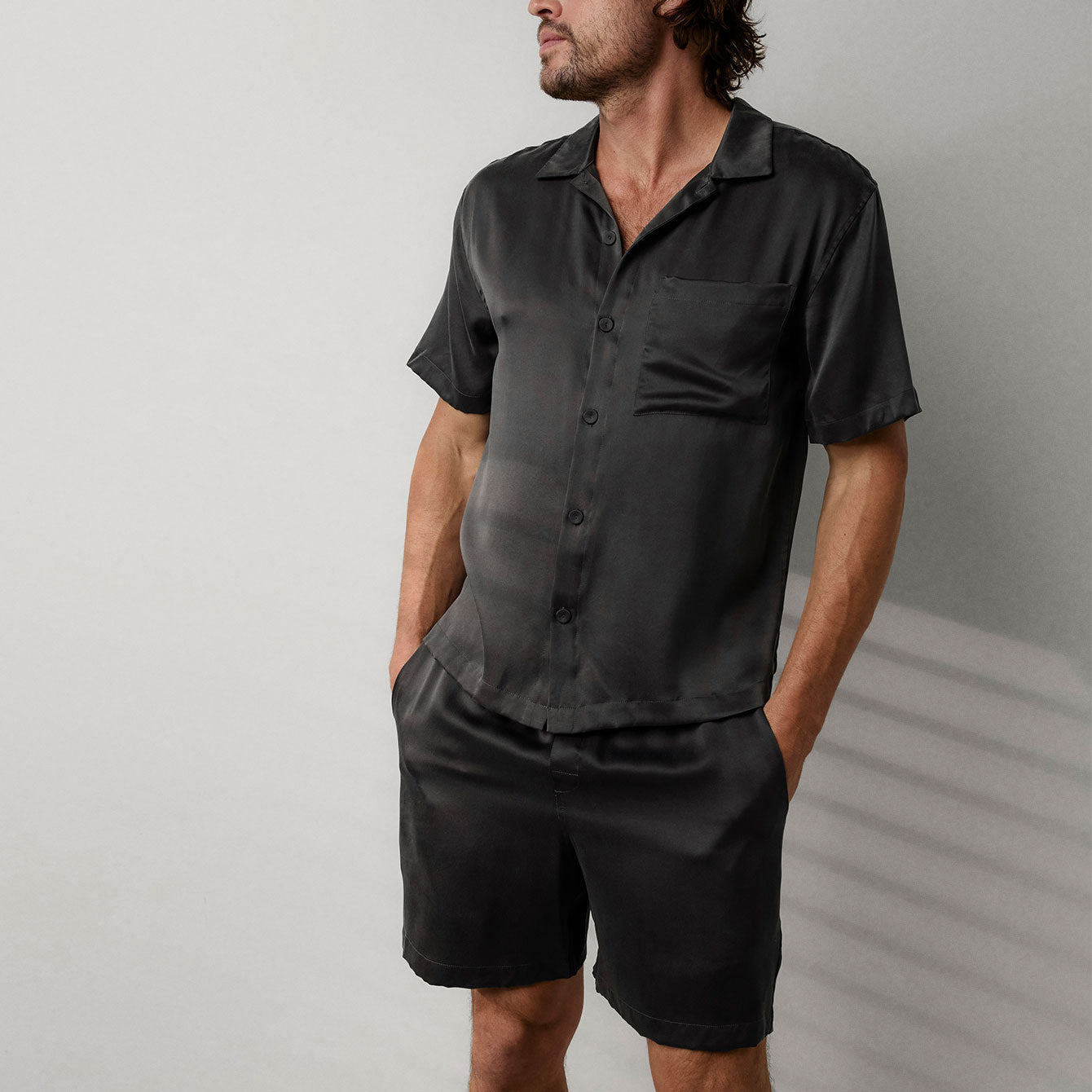 Lunya Men's Washable Silk Button Up Short Set - #Meditative Grey
