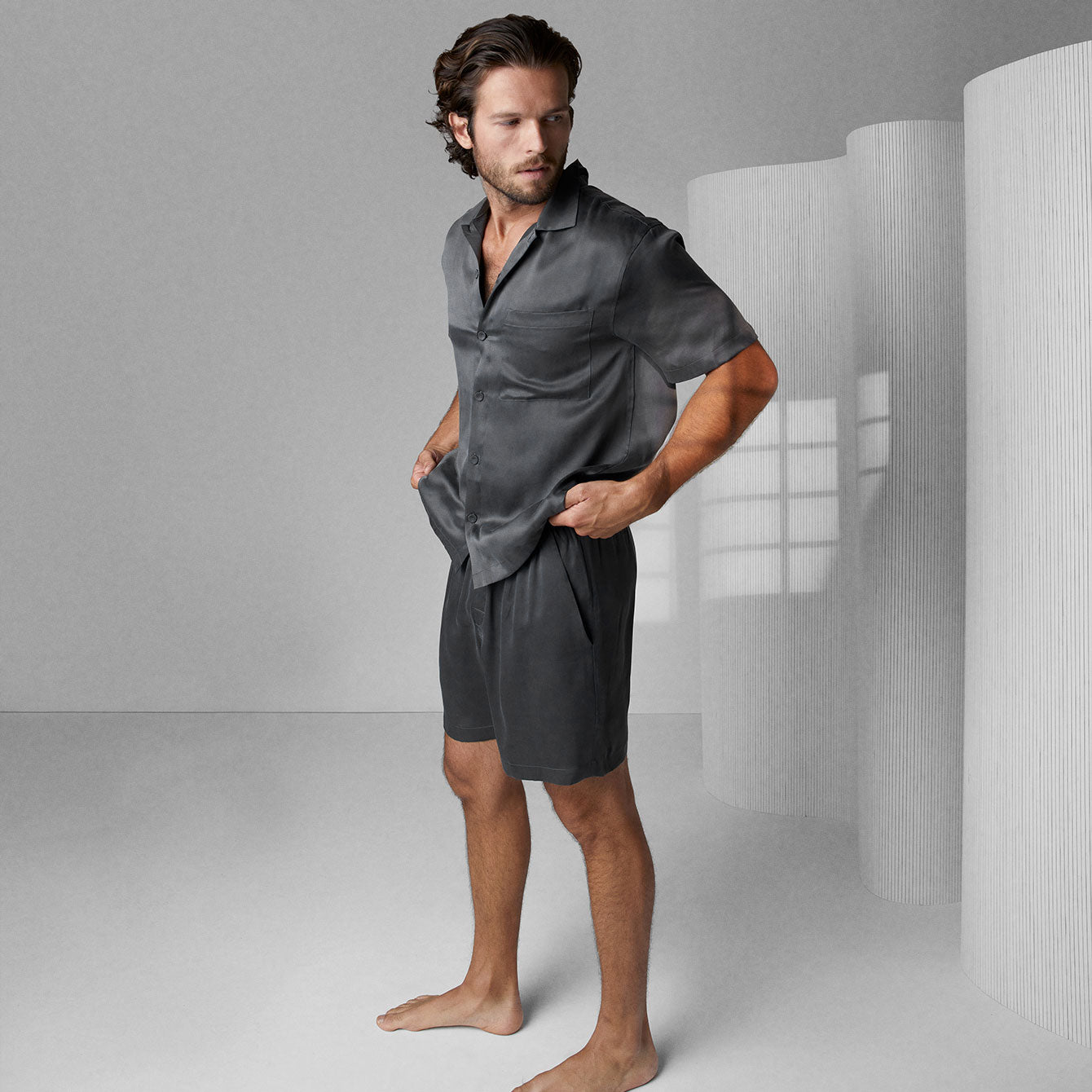 Lunya Men's Washable Silk Button Up Short Set - #Meditative Grey