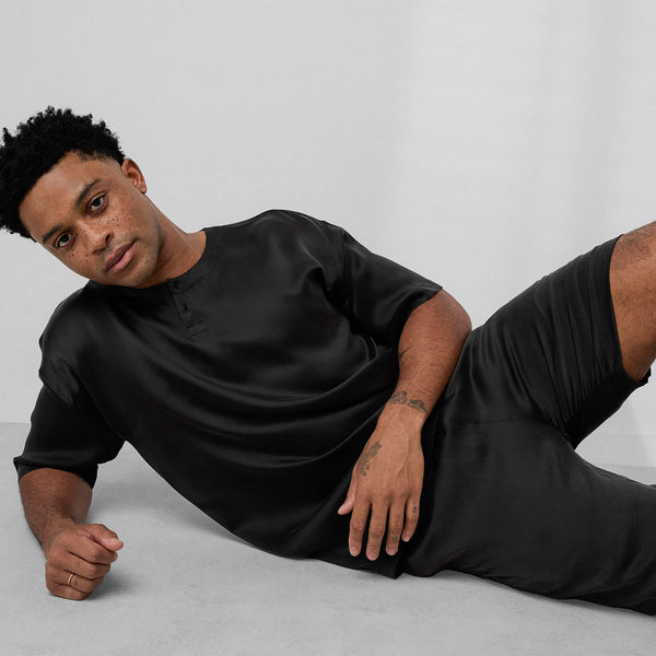 mens silk dress shorts Mens Silk Robe and Shorts Set with Contrast Piping and Short Sleeves Claret / S