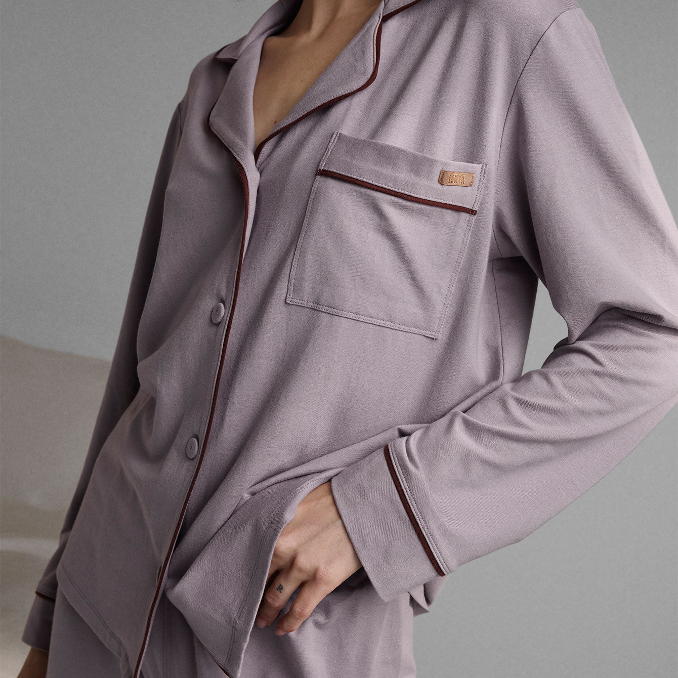 Lunya Pajamas Slumberknit Essential Button Down Pant Set - Dawning Mist/Fresco Burgundy