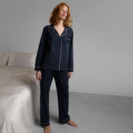 Lunya Pajamas Slumberknit Essential Button Down Pant Set - Deep Blue/Swan White