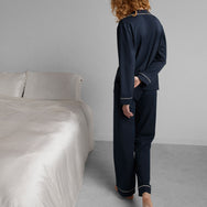 Lunya Pajamas Slumberknit Essential Button Down Pant Set - Deep Blue/Swan White