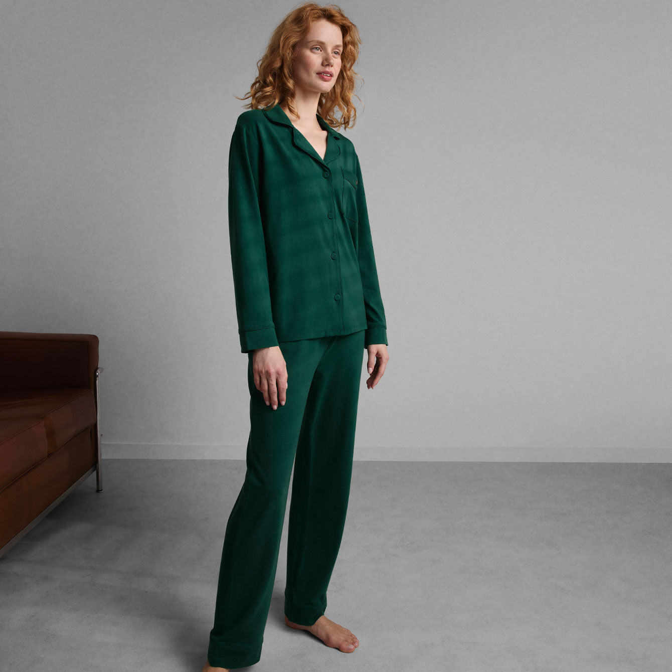 Lunya Pajamas Slumberknit Essential Button Down Pant Set - Hum Forest/Hum Forest