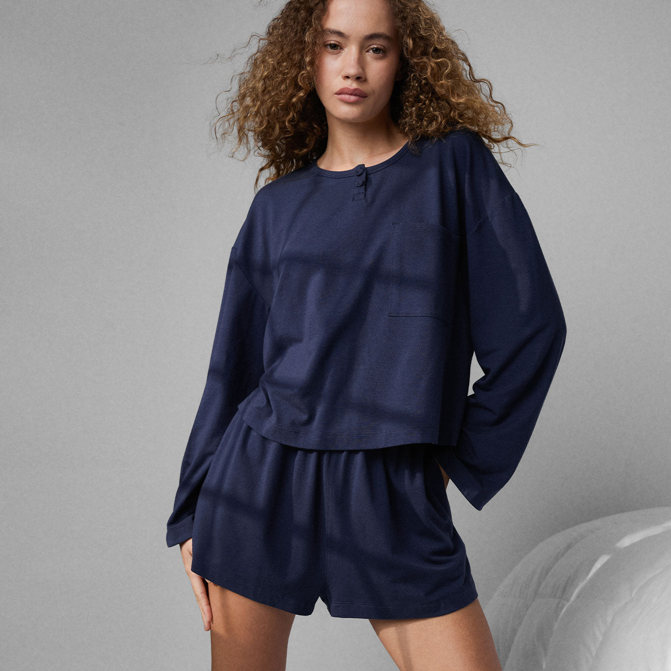 Slumberknit Long Sleeve Henley Short Set - #Deep Blue