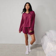 Lunya Pajamas Slumberknit™ Long Sleeve Henley Short Set - #Pomegranite Jewel