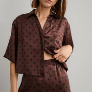 Lunya Pajamas Washable Silk Button Up Long Sleeve Short Set - #Chocolate Ellipsis