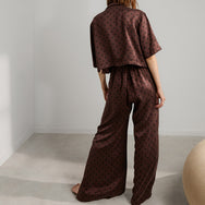 Lunya Pajamas Washable Silk Button Up Long Sleeve Short Set - #Chocolate Ellipsis