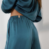 Lunya Pajamas Washable Silk Piped Long Sleeve Pant Set - #Piquant Teal/Lazing Navy