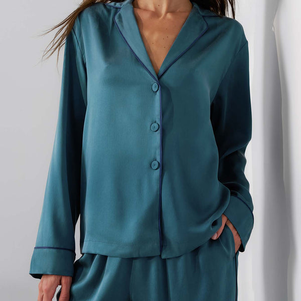 Washable Silk Piped Long Sleeve Pant Set
