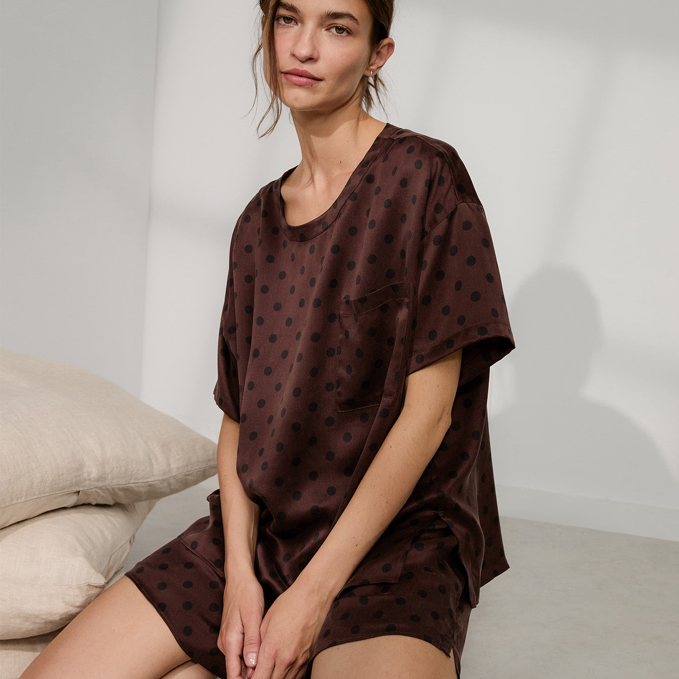 Lunya Pajamas Washable Silk Tee Short Set - #Chocolate Ellipsis