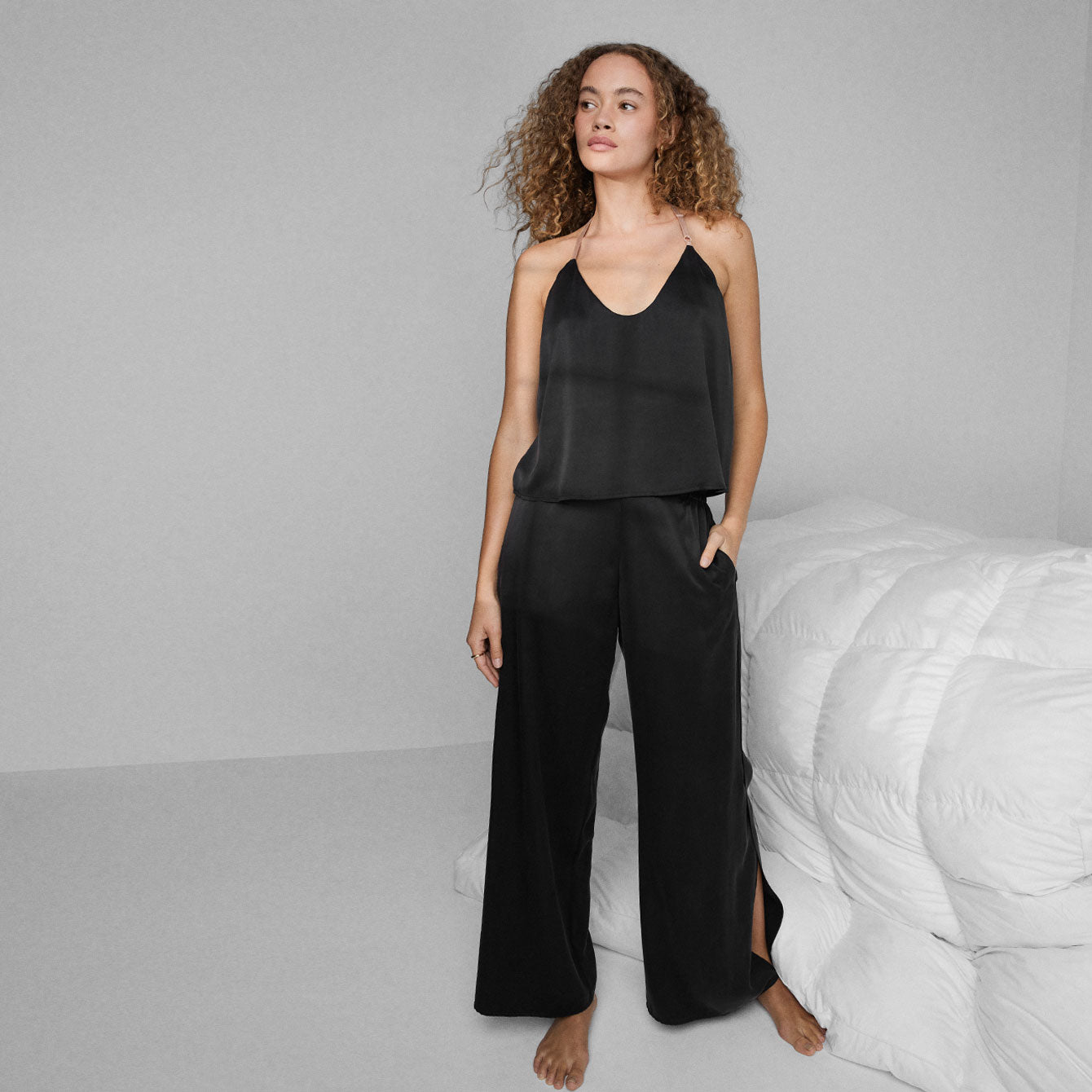 Lunya Sleepwear Washable Silk Cami Pant Set - #Immersed Black/Otium Tan